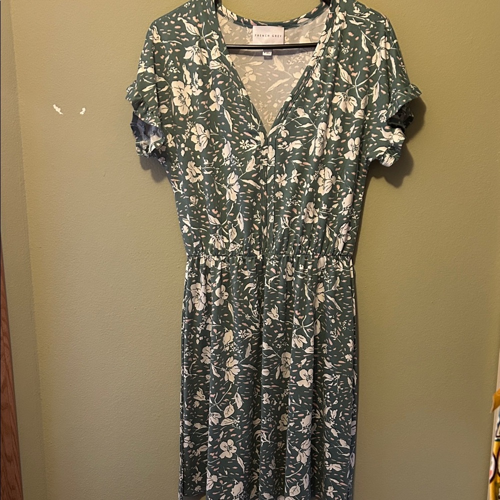 French Grey Teal Floral Midi Dress